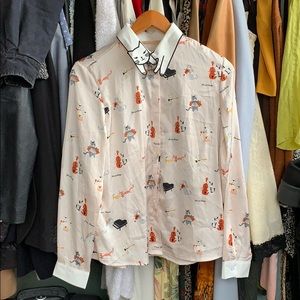 Cat Kitty Theme Button Front Blouse Cat Collar